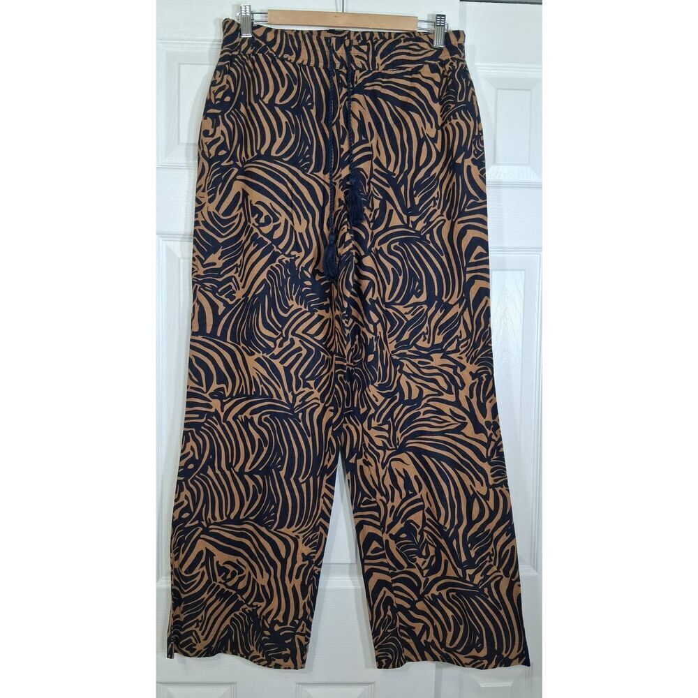 Joie womens medium hi rise wide leg pants long linen camel brown blue earthtone